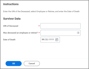 The survivor data section displaying the UIN of the Deceased, employee or retiree, and Date of Death fields