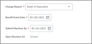 Change Benefits page displaying the change reason, benefit event date, and submit elections by fields