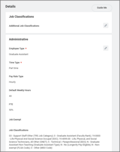 Details Section of a Job including Classifications, Employee type, time type, pay rate type, location weekly hours, default weekly hours, FTE percentage and exemption status