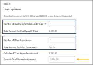 The claim dependents step including the number of qualifying children under age 17, number of other dependents and the override total dependent amount fields