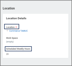 Display showing Loaction section with fields like Location and Scheduled Weekly Hours highlighted for emphasis