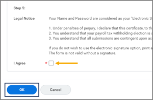The legal notice, the I agree checkbox, and the OK button