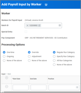 The Add Payroll Input by Worker screen is displayed including the section used to add additional inputs. 