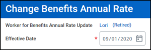 Change Benefits Annual Rate screen with sample effective date entered.