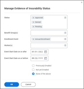 The Manage Evidence of Insurability Status page with information entered into several fields.