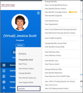 Employee profile with the benefits menu displayed and the View Benefit Coverage History option highlighted.
