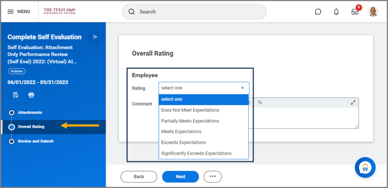 detailed view of employee selecting overall rating from drop down menu