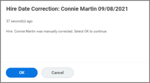 Hire Date Correction inbox task with OK button highlighted