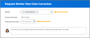 the request worker start date correction screen highlighting the worker and proposed hire date fields