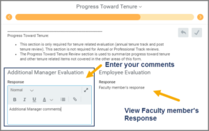progress toward tenure section with the additional manager section highlighted and the section where the employee entered their response highlighted