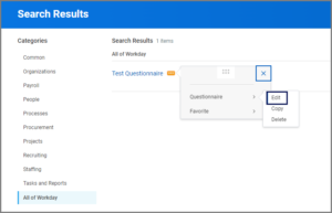 Search results with the actions menu of the questionnaire expanded. The edit option is highlighted for emphasis.