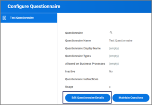 Configure questionnaire screen with edit questionnaire details button highlighted.
