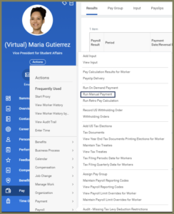 Worker profile with action button selected and Run Manual Payment option highlighted