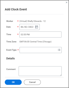 Add Clock Event window
