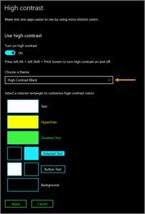 The High Contrast window displaying the customization settings. The choose a theme field is pointed to for emphasis.