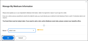 manage my medicare information screen with pointer to select name of person to update