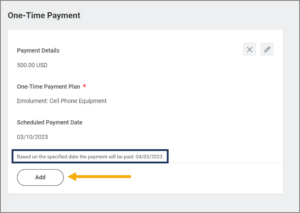 The add button under one-time payment, and the highlighted date that the employee will be paid.