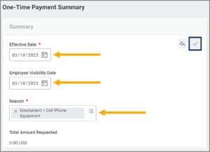 One-time payment summary with the effective date, employee visibility date, and reason highlighted
