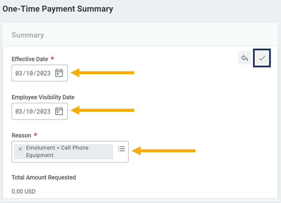 One-time payment summary with the effective date, employee visibility date, and reason highlighted