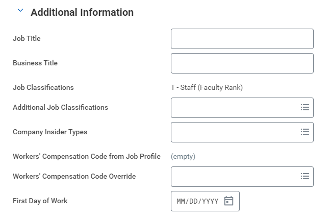 Additional Information section with prepopulated information for various fields such as job title and business title. Other fields are blank such as additional job classifications.