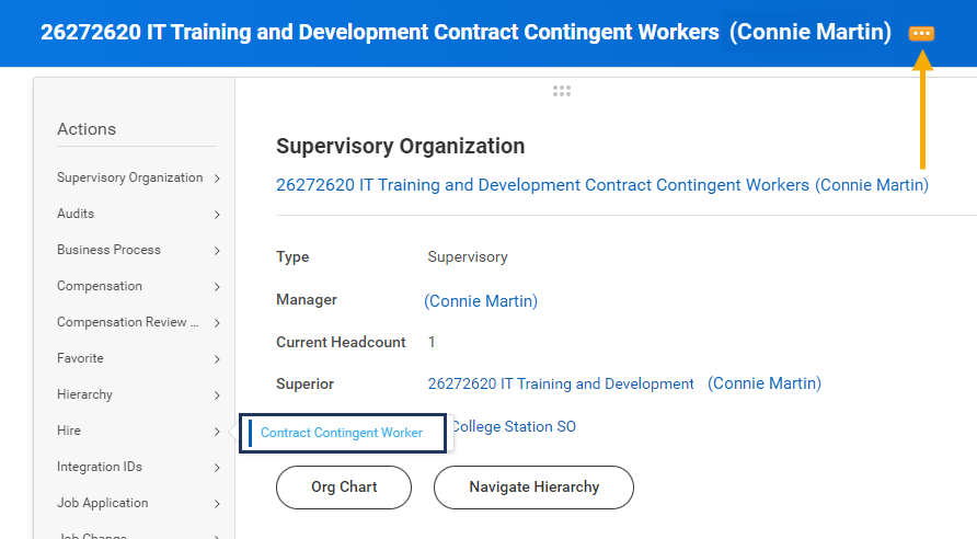 Start the hiring process for a Contingent Worker by selecting the Related Actions icon which is highlighted with an arrow. Select Hire from the menu and the Contract Contingent Worker item which is highlighted with a blue box. 