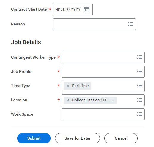 Job details section including fields for contract start date and reason, contingent worker type, job profile, time type and location.