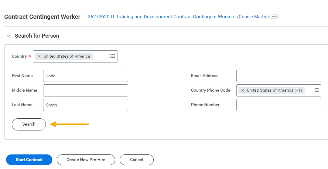 Contract Contingent Worker page with Search Pre-Hires section completed and search button highlighted for emphasis.