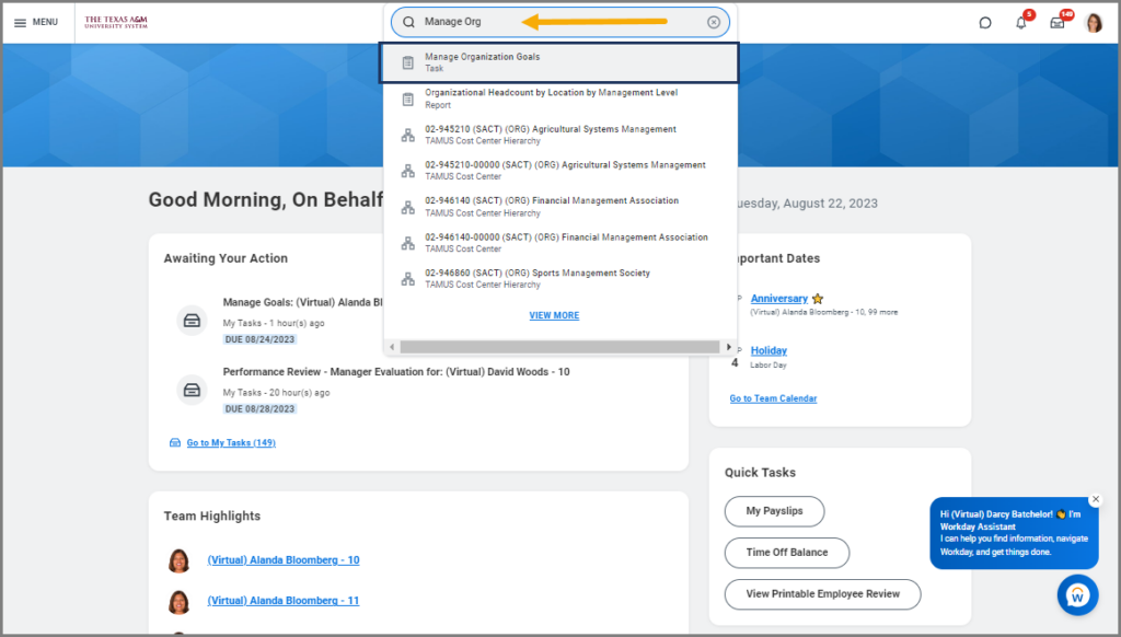 The search bar with the manage organization typed in it and the manage organization goals task displayed below it