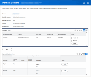 a newly added bank account on the payment elections page