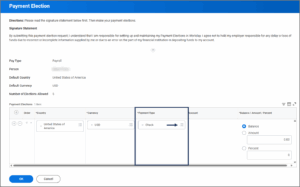 Payroll payment election page with an arrow pointing to the prompt icon