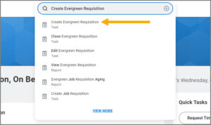 The search bar in Workday displaying a search for Create Evergreen Requisition 