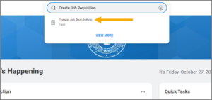 The search bar in Workday displaying a search for Create Job Requisition 