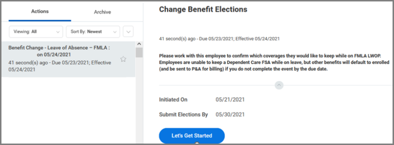 change benefits task for Leave of Absence FMLA received by the benefits partner