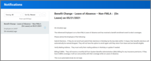 view of notification sent to the benefits partner when an employee has received a benefit change - leave of absence - non-fmla view of notification sent to the 