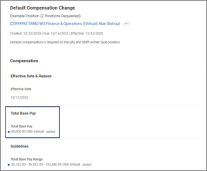 The Default Compensation Change inbox item with the Total Base Pay section emphasized