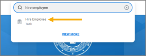 The Search bar with the words hire employee typed, the Hire Employee Task appears in the search results window