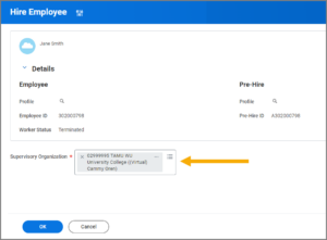 The supervisory organization field located on the hire employee task