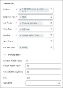 The Job Details and Working Time sections