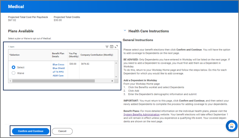 select medical coverage with manage link highlighted
