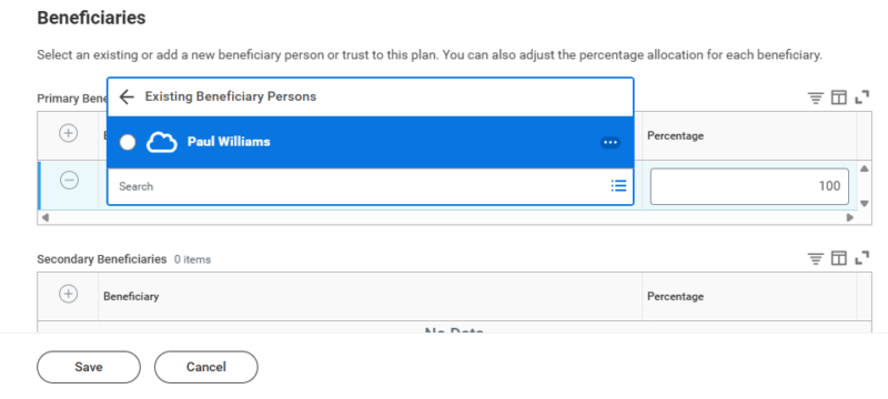 beneficiaries screen showing list of existing beneficiary persons