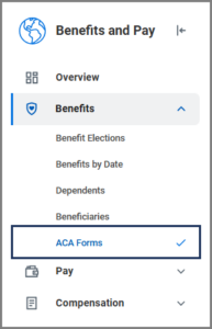 benefits and pay hub menu selecting ACA forms