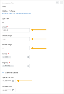 the compensation plan section displaying various fields such as amount, amount change, percent change, and expected end date