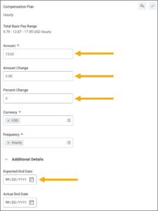 the compensation plan section displaying various fields for hourly such as amount, frequency, and expected end date 