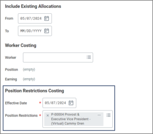 The Assign Costing Allocation window highlighting the Position Restrictions Costing section including the effective date and position restrictions fields