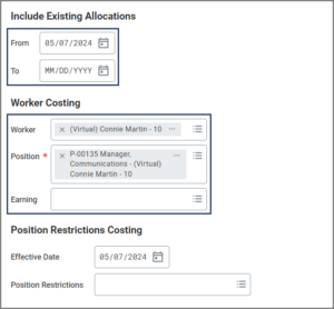 The Assign Costing Allocation Window highlighting the from and to date fields, and the worker, position, and earning fields