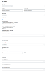Job Details, Working Time and Academic sections