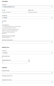 Job Details, Working Time and Academic sections