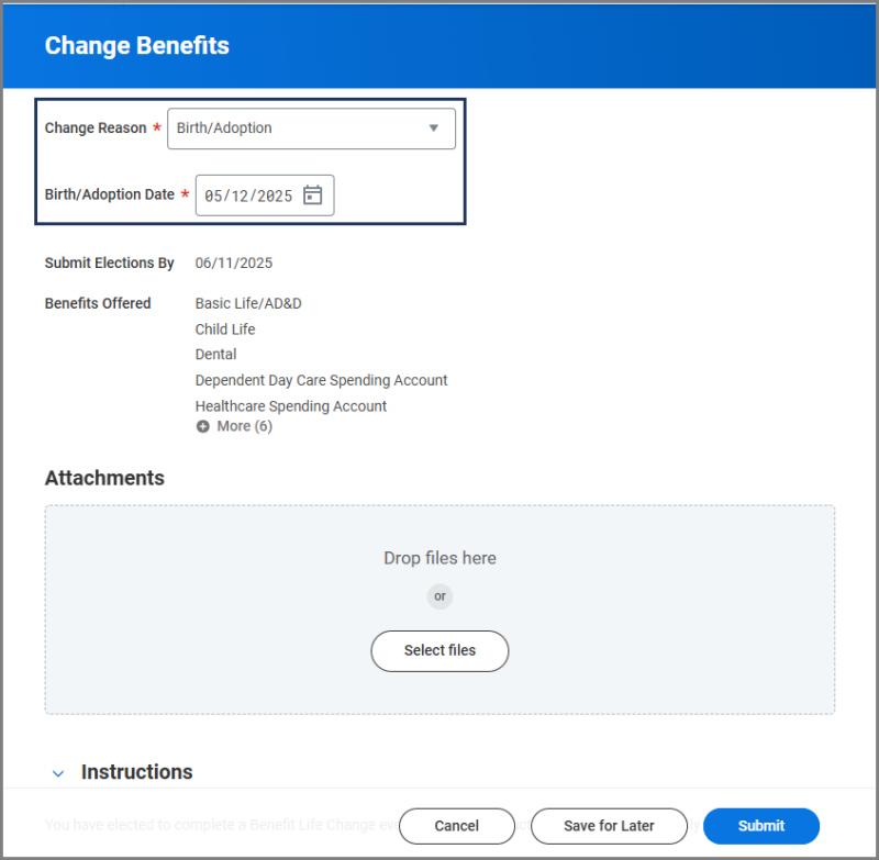 Select Change Benefits page