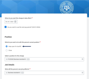 What were you talking about position section of the start job change business process with the what do you want to do with this person's current position question visible