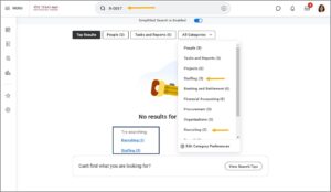 The search results page for a job requisition search displaying the staffing and recruiting categories under more categories